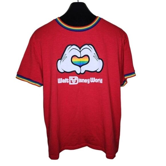 Mickey Mouse Heart Hands Disney World Rainbow Ringer Tshirt Mens L Red Pride - Picture 1 of 5